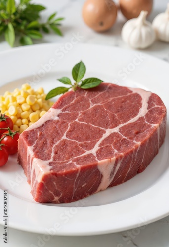 Raw Steak with Corn and Tomatoes on White Plate