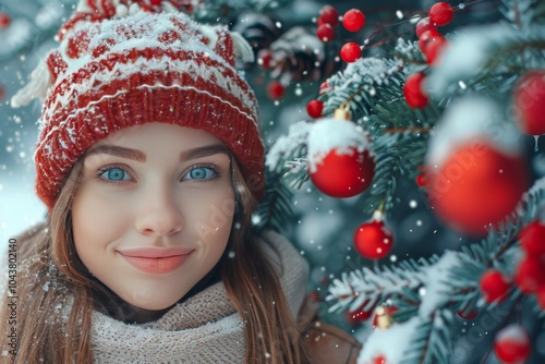 Young girl standing in front of a Christmas tree wearing a red beanie and scarf exuding cozy winter fashion with holiday warmth and festive spirit