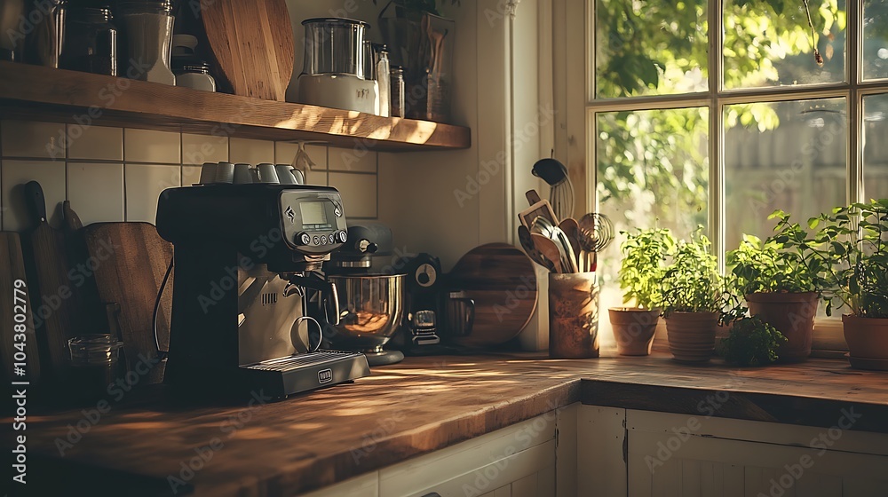 Fototapeta premium Modern Black Coffee Machine in a Stylish Kitchen with Cup - Sleek Home Appliance Closeup