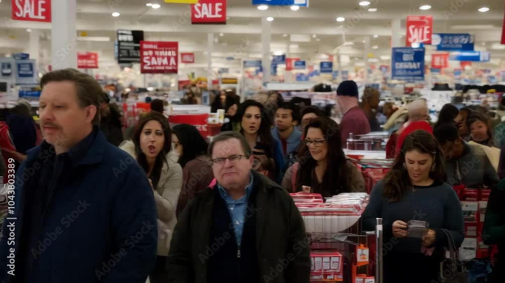A crowded shopping mall filled with people during a sale event, showcasing the hustle and bustle of retail.
