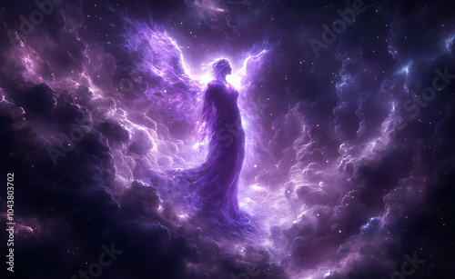 Violet angel, seventh ray of light (Archangel Zadkiel), representing the Violet Flame of Saint Germain. Divine energy, transformation, dissolving blockades. Peaceful poster, wallpaper, background.
 photo