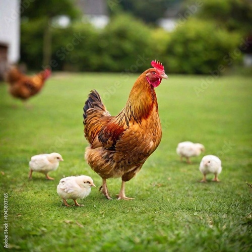 A family of chickens, with shallow focus capturing a hen and her chicks in the foreground, while the coop and other chickens in the background are gently blurre