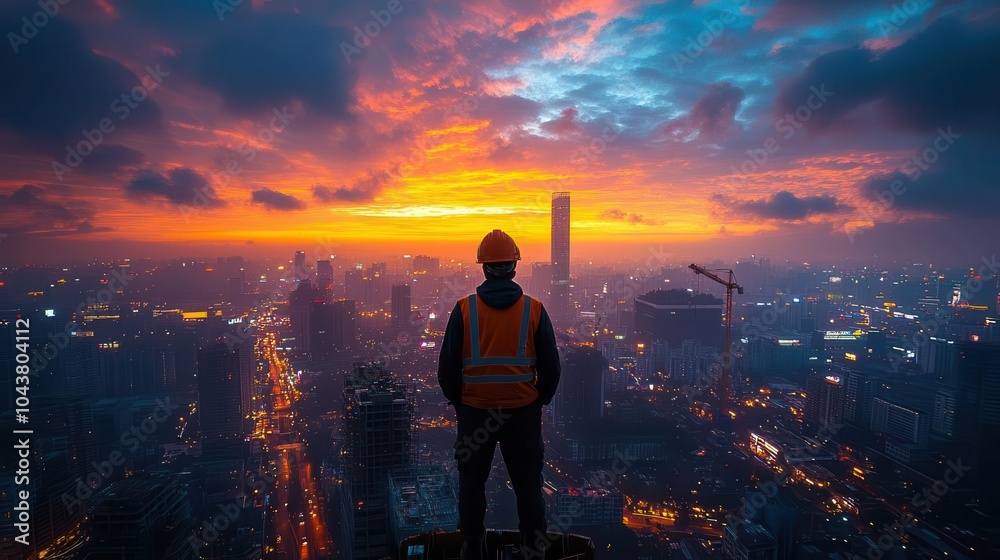 construction worker surveying a vibrant bustling asian skyline from a skyscrapers edge with cranes and urban life below showcasing modern architecture against a sunset sky construction worker surveying a vibrant bustling asian skyline from a skyscrapers edge with cranes and urban life below showcasing modern architecture against a sunset sky