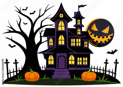 Halloween house with pumpkin vector silhouette on white background