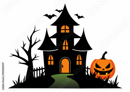 Halloween house with pumpkin vector silhouette on white background