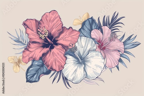 Elegant hibiscus bouquet illustration with tropical leaves photo