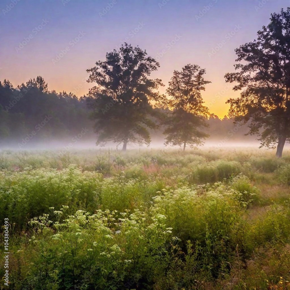 A misty, serene landscape of a meadow at sunrise, with dew-covered wildflowers in the foreground and a line of tall trees shrouded in fog in the background A misty, serene landscape of a meadow at sunrise, with dew-covered wildflowers in the foreground and a line of tall trees shrouded in fog in the background