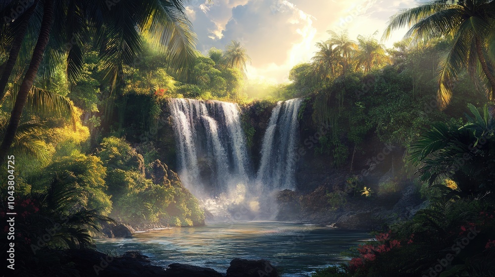 Obraz premium Eden Waterfall: Majestic Tropical Oasis in Bali Jungle at Evening