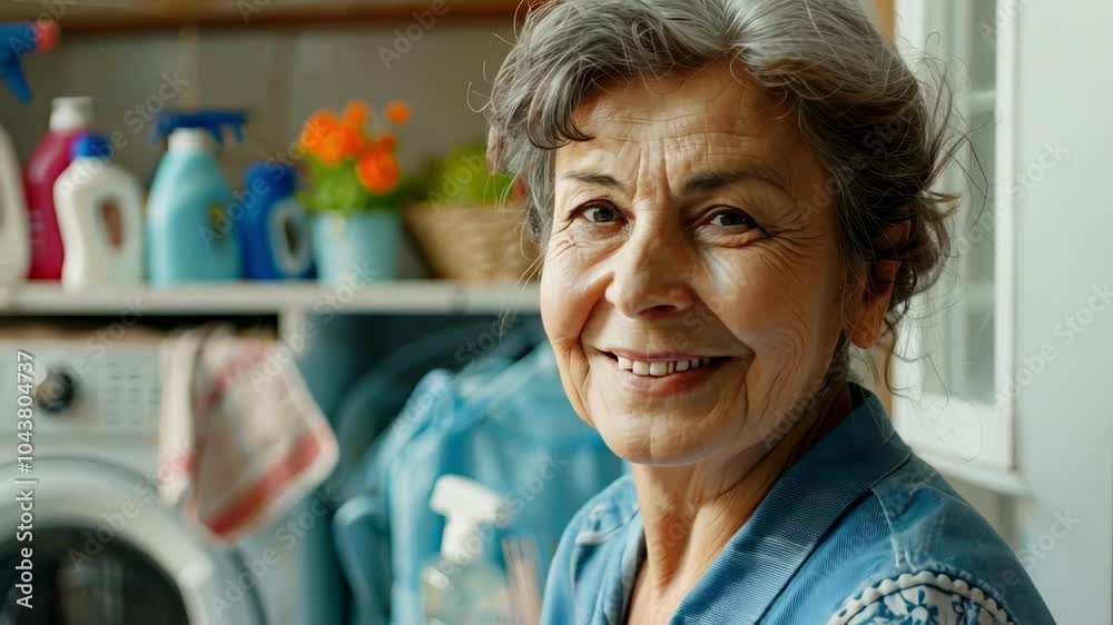 A woman is smiling in front of a laundry room A woman is smiling in front of a laundry room