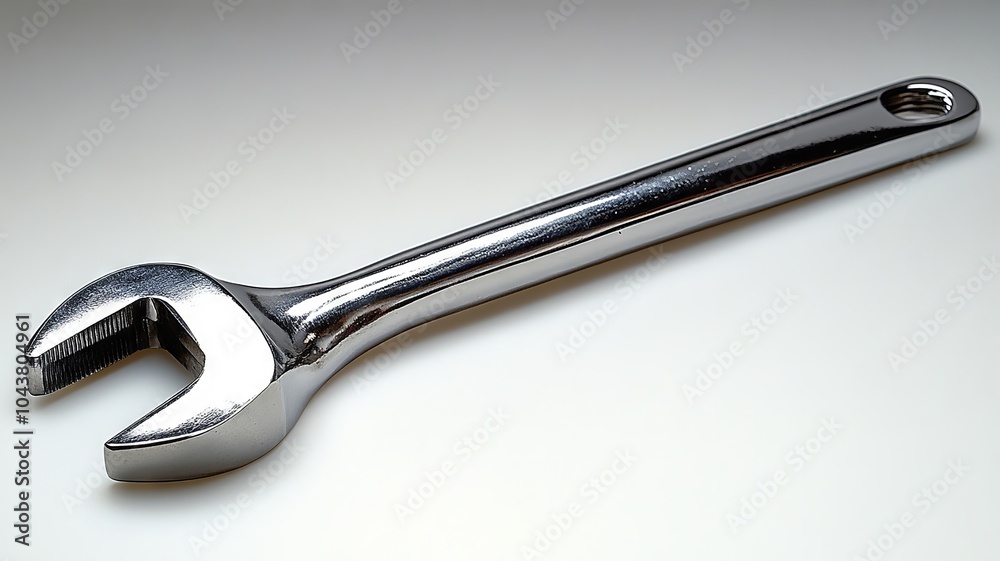 Shiny adjustable wrench on a plain white surface Shiny adjustable wrench on a plain white surface