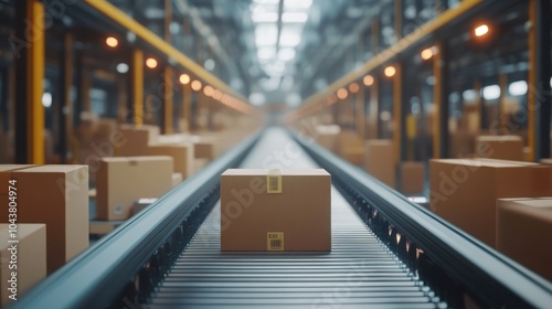 A conveyor belt in a warehouse filled with cardboard boxes for sorting and distribution.