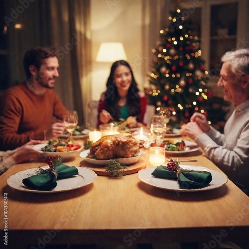 family having dinner and christmas dinner at table