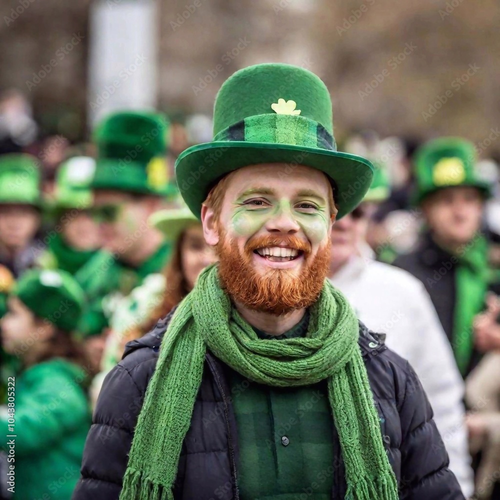 A festive street ground level scene during St. Patrick Day, with people of all ages wearing green accessories like hats, scarves, and face paint, creating a sea of green. A festive street ground level scene during St. Patrick Day, with people of all ages wearing green accessories like hats, scarves, and face paint, creating a sea of green.