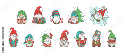 Cute little Christmas gnome collection. Fun cartoon character design isolated set. Scandinavian nordic elf Tomte winter clipart. Christmas items tree, candy cane, cardinal bird, snowflakes, gift box.
