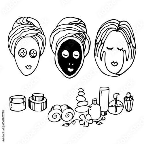 Women with cosmetic mask on face. SPA center and healthcare service. Facial treatments and massage. Hand drawn line vector  illustration.
