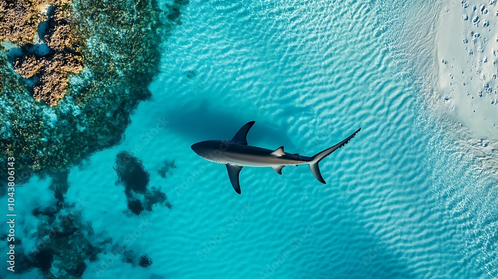 Fototapeta premium Shark gliding through shallow turquoise waters near the shoreline from an aerial view
