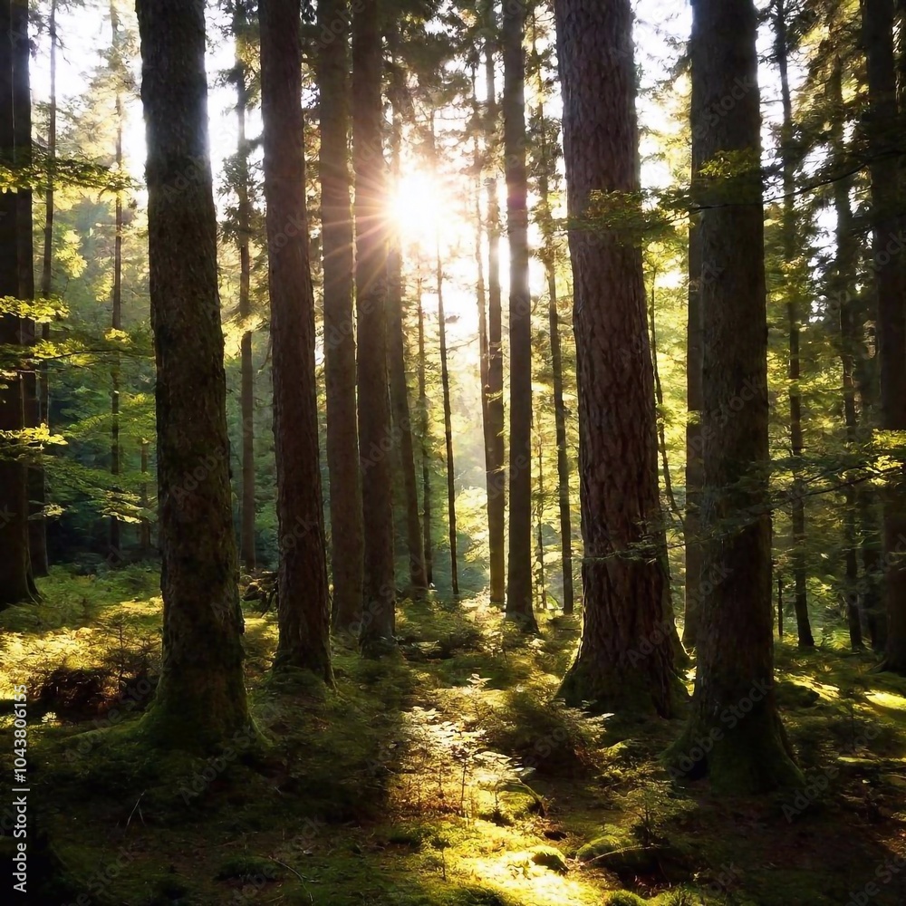 Fototapeta premium A full shot of a peaceful forest at eye level, with tall trees and sunlight streaming through the branches.