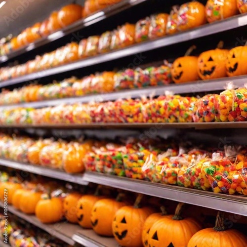 A long shot of a Halloween candy display in a neighborhood store, with deep focus capturing the entire scene from the entrance to the candy aisles, taken at eye level photo