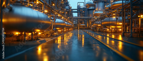 Illuminated Industrial Facility at Night with Steel Tanks and Pipes, Illuminated Industrial Facility at Night with Steel Tanks and Pi