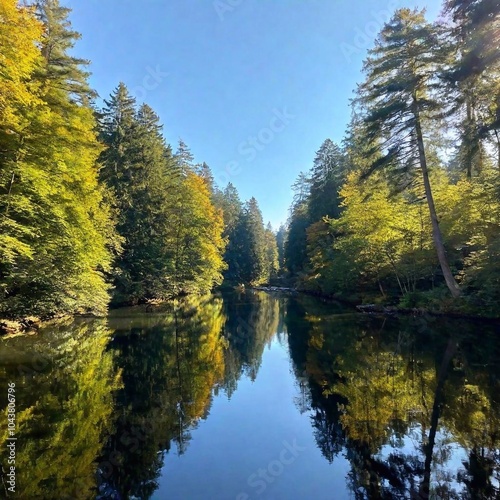 A full shot of a quiet river with fish flowing through a forest at eye level, with trees lining the banks and reflections in the water.