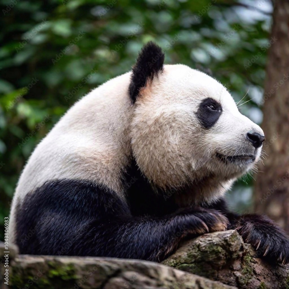 Obraz premium A close-up shot of a sleepy panda's face, with soft focus creating a dreamy, gentle ambiance around its fur and facial features