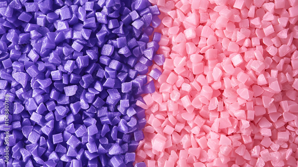 Obraz premium Closeup of raw plastic pellets, pink and purple masterbatch granules, resin beats for injection molding, background