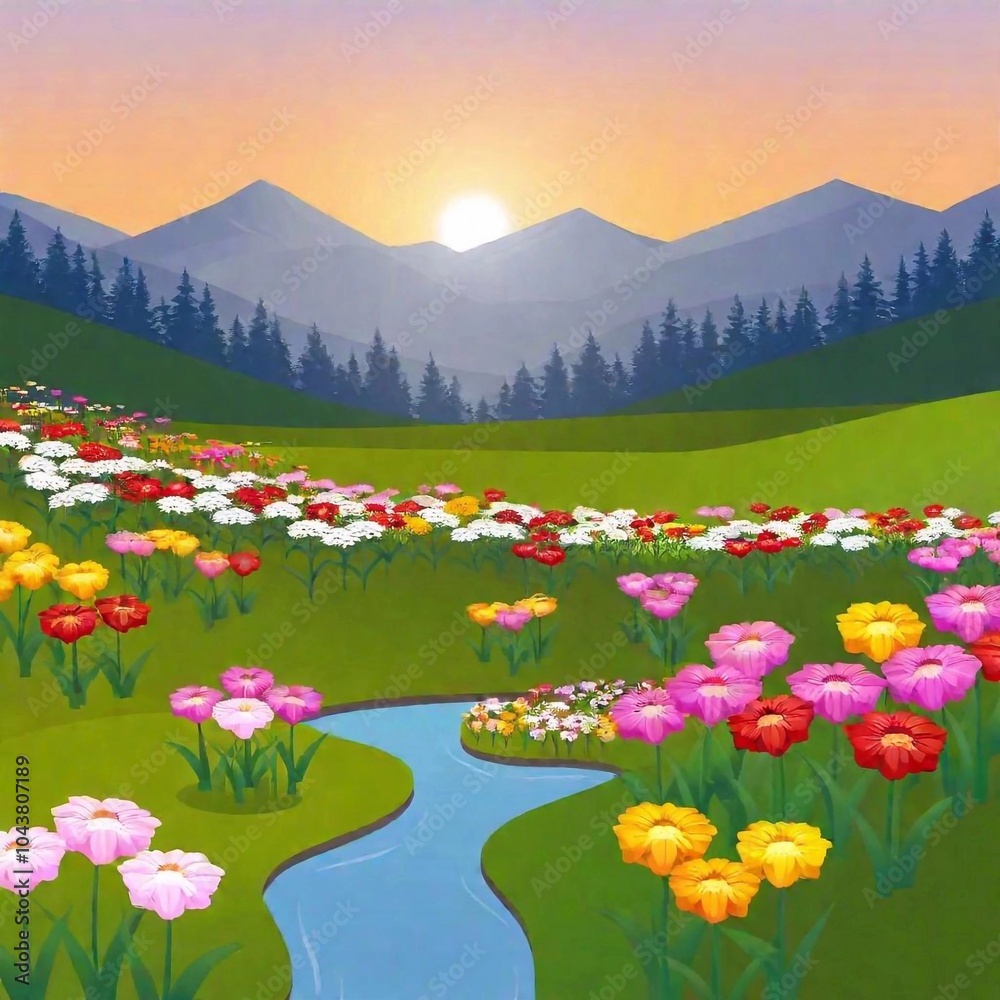 Fototapeta premium Create an expansive view of a tranquil springtime valley filled with a diverse array of colorful spring flowers. The scene should feature a wide stretch of flowering fields, winding streams, and a