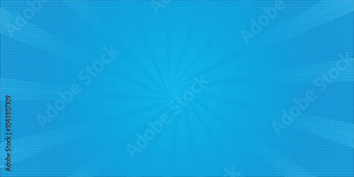 Comic background. Pop art texture. Starburst cartoon style. Anime design with explosion effect for print. Fun dot pattern. Blue backdrop with halftone gradient.