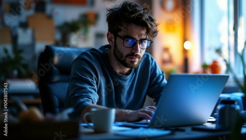 Focused Man Working on Laptop at Home Office in Cozy Lighting photo