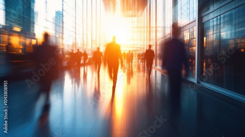 Silhouettes of professionals in a modern workspace at sunset