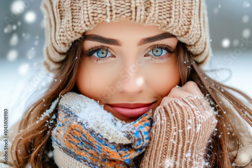 Close up portrait of a woman in a chunky knit scarf and hat framed by snowy winter surroundings embodying cozy winter warmth and seasonal beauty with bright blue eyes photo