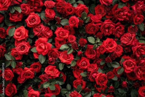 A beautiful wall crafted from vibrant red roses adorned with green leaves
