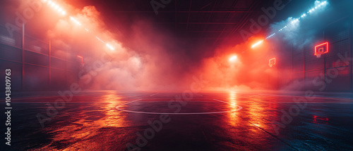 Fototapeta Naklejka Na Ścianę i Meble -  Dramatic Neon Lights Illuminate Empty Basketball Court with Smoke, Dramatic Neon Lights Illuminate Empty Basketball Court with Smok