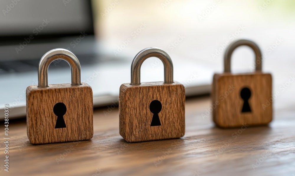 Fototapeta premium Two wooden padlocks sitting on a wooden table - Interiors