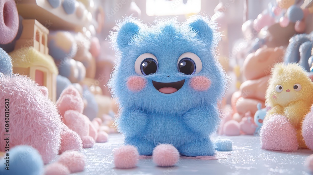 cute blue furry monster character in a whimsical 3d cartoon style exuding charm and playfulness surrounded by colorful fantastical elements perfect for childrens illustrations or fun branding