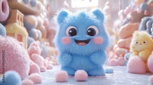 Obraz na płótnie cute blue furry monster character in a whimsical 3d cartoon style exuding charm and playfulness surrounded by colorful fantastical elements perfect for childrens illustrations or fun branding w salonie