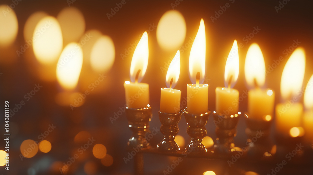 Close-up of lit menorah candles for Hanukkah celebration Close-up of lit menorah candles for Hanukkah celebration