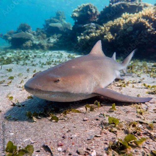 Medium Long Shot (MLS) of a nurse shark resting on the ocean floor, with soft focus on the background marine life