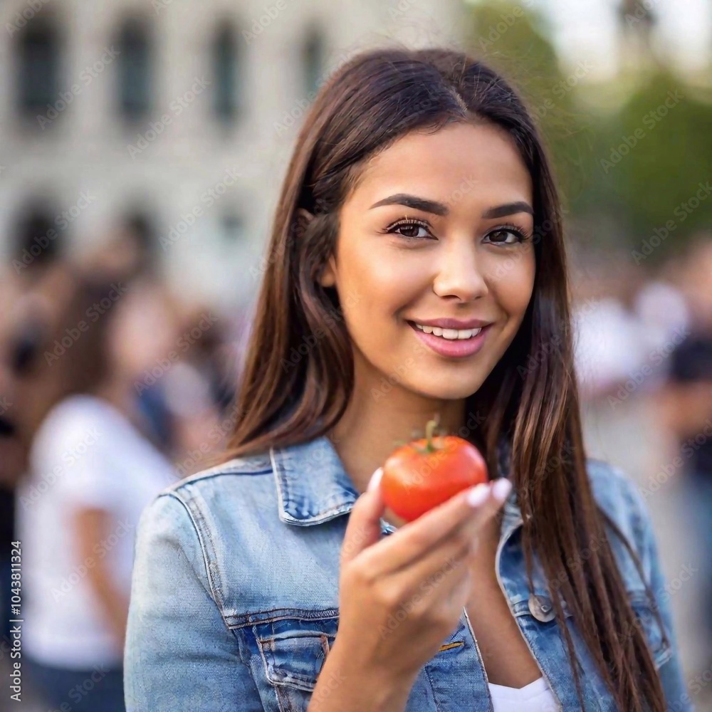 The Anticipation, A close-up shot of a brunette female participant, she holds a ripe tomato, deep focus revealing the crowd and the iconic buildings in the background The Anticipation, A close-up shot of a brunette female participant, she holds a ripe tomato, deep focus revealing the crowd and the iconic buildings in the background