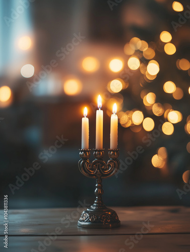 Elegant menorah with candles lit for a peaceful Hanukkah evening