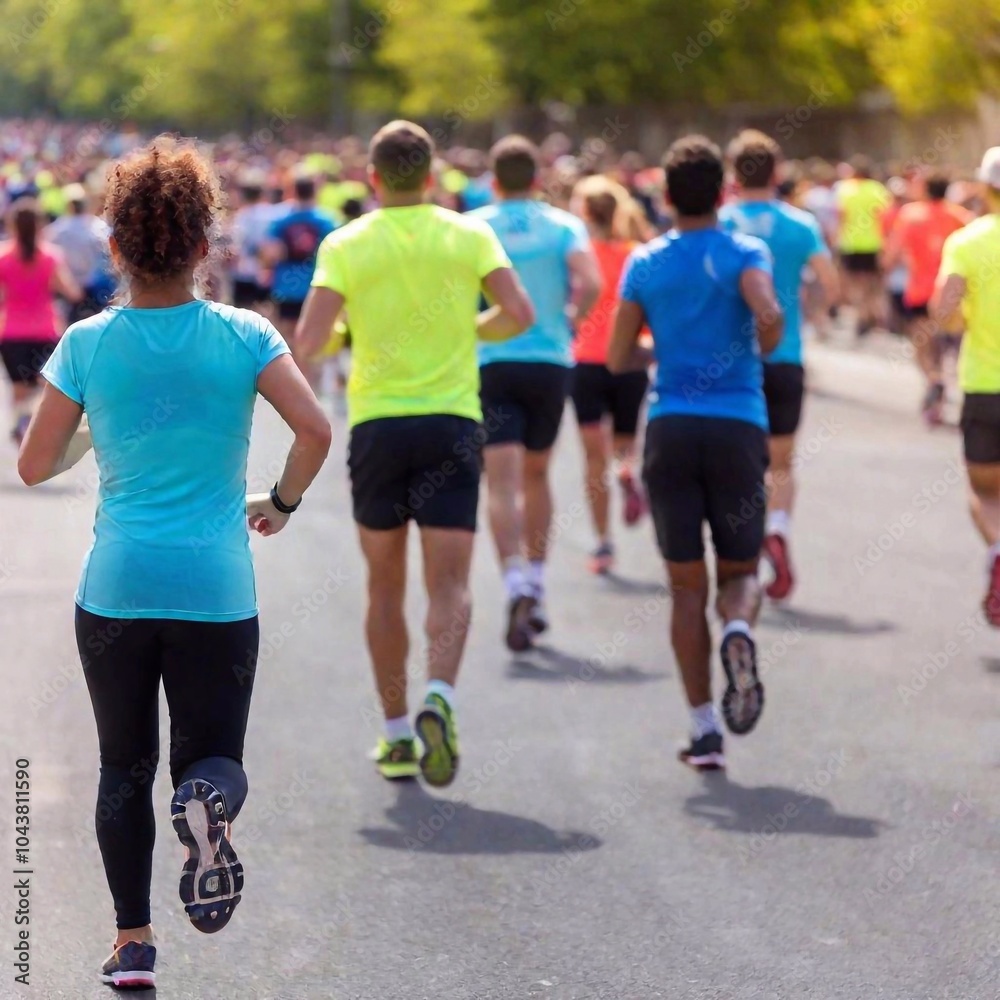 Deep focus back view shot of a multiracial group of runners participating in a marathon, with a dreamy blur across the crowd and their colorful outfits, highlighting the shared experience Deep focus back view shot of a multiracial group of runners participating in a marathon, with a dreamy blur across the crowd and their colorful outfits, highlighting the shared experience