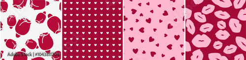 Set of decorative love seamless red and pink pattern with buds roses, lips and hearts shape. Vector illustration. Wrapping template for Valentine's Day gift.	