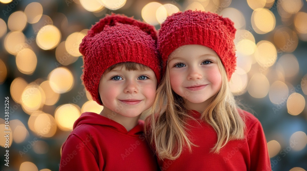Two young children wearing red hats and red clothing pose for a picture Two young children wearing red hats and red clothing pose for a picture