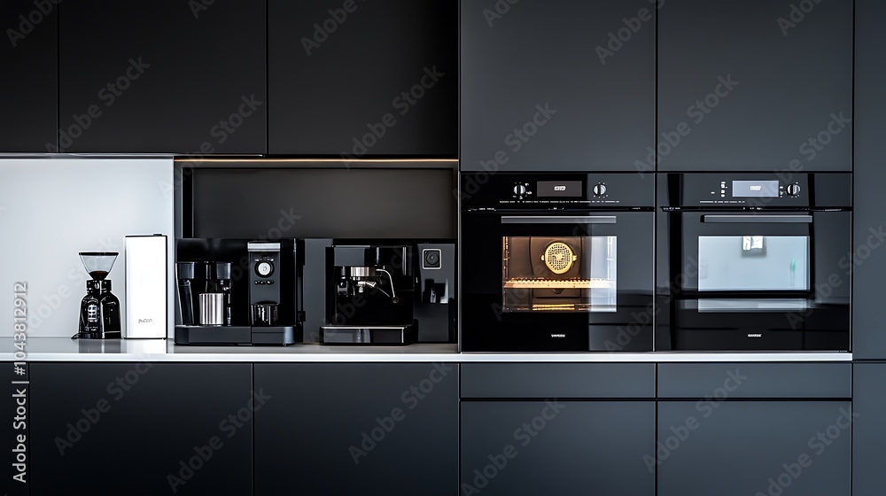 Modern Black Coffee Machine in a Stylish Kitchen with Cup - Sleek Home Appliance Closeup Modern Black Coffee Machine in a Stylish Kitchen with Cup - Sleek Home Appliance Closeup