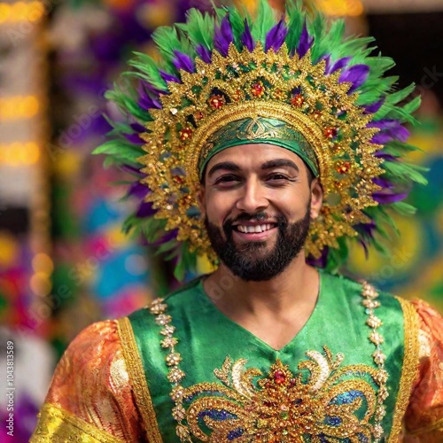 Full body portrait of a arabian male adult in a Rio Carnival costume, positioned against a festive backdrop with carnival lights and decorations. The costume should be elaborate, featuring feathers