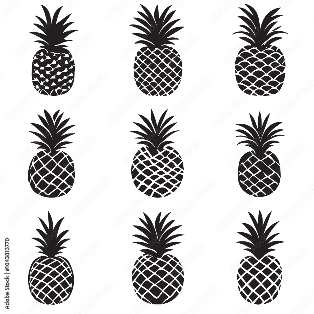 Obraz premium Pineapples In cartoon, hand-drawn flat style. image for social media, websites and UI. Isolated 2D vector design in logo, icon, sketch style, simple line vector, single color. AI Generative Art.