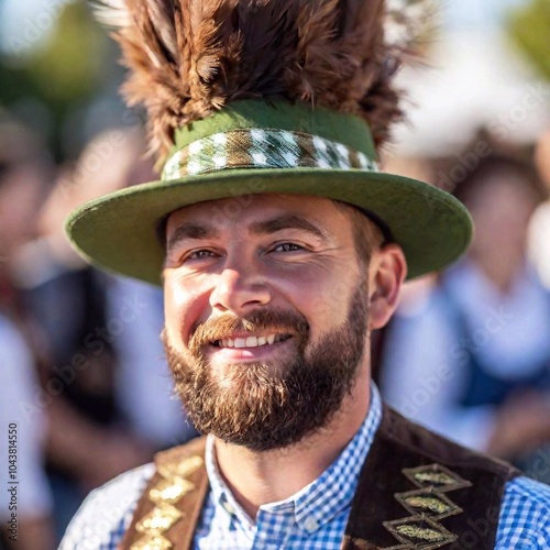 Close-up of a smiling face of a person wearing a traditional Bavarian hat, adorned with a feather, at the Munich Oktoberfest celebrations. The details of the hat and the festive expression capture photo