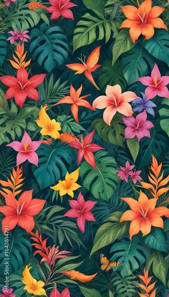 Tropical exotic pattern with animal and flowers in bright colors and lush vegetation Tropical exotic pattern with animal and flowers in bright colors and lush vegetation
