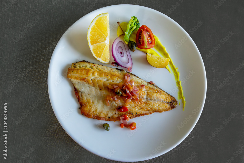 Grilled sea bass in a white porcelain plate. Garnish: lemon, onion, tomato, capers, broccoli, potatoes, carrots.