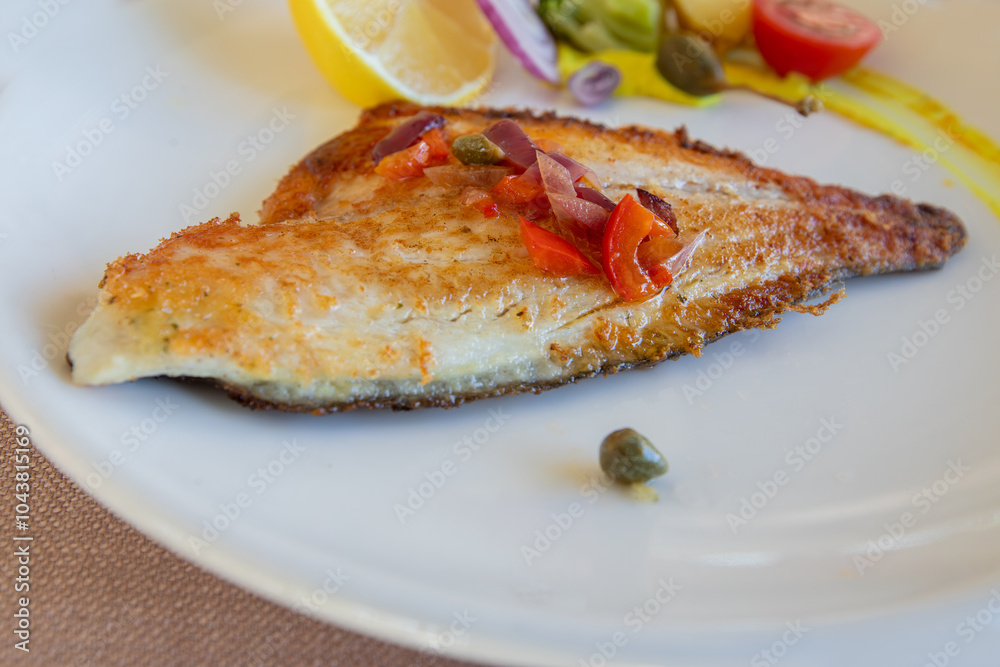 Grilled sea bass in a white porcelain plate. Garnish: lemon, onion, tomato, capers, broccoli, potatoes, carrots.